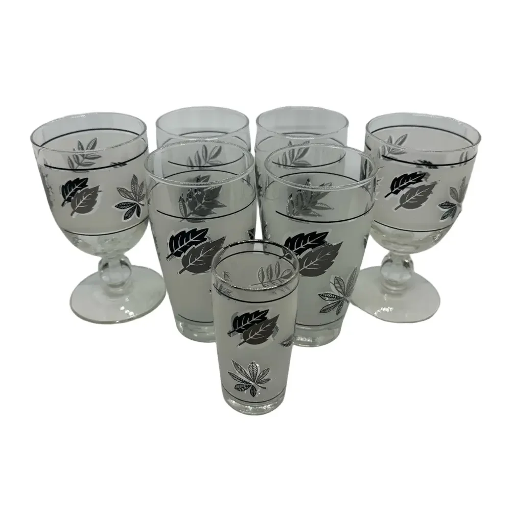 Vintage MCM Libbey Frosted Silver Leaf Glasses Set of 7